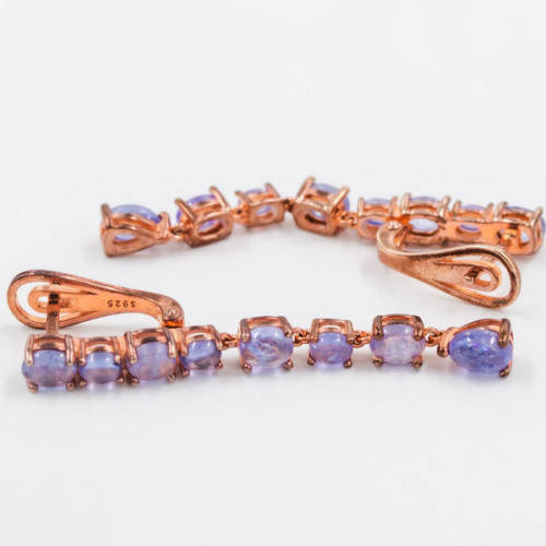 STRIKING TANZANITE AND ROSE GOLD-GILDED STERLING SILVER DROP AND DANGLE EARRINGS. 925