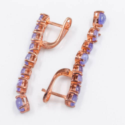 STRIKING TANZANITE AND ROSE GOLD-GILDED STERLING SILVER DROP AND DANGLE EARRINGS. 925