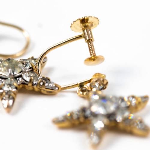 VINTAGE 1920`s PASTE DIAMANTE 9CT YELLOW GOLD DROP & DANGLE EARRINGS. 375.