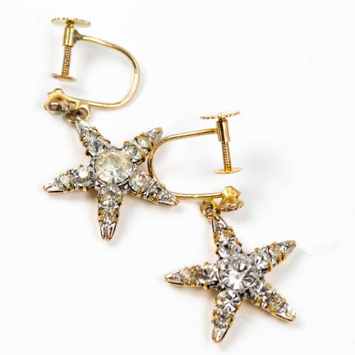 VINTAGE 1920`s PASTE DIAMANTE 9CT YELLOW GOLD DROP & DANGLE EARRINGS. 375.