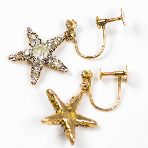 VINTAGE 1920`s PASTE DIAMANTE 9CT YELLOW GOLD DROP & DANGLE EARRINGS. 375.