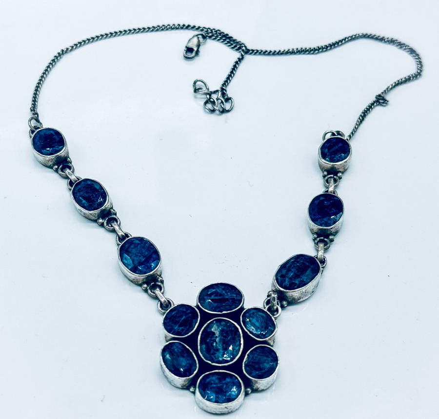 NATURAL ORGANIC EARTH MINED BLUE SAPPHIRE CABOCHON STERLING SILVER NECKLACE INTERESTING INCLUSIONS
