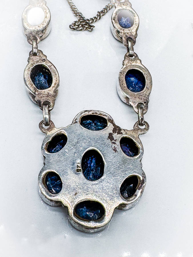 NATURAL ORGANIC EARTH MINED BLUE SAPPHIRE CABOCHON STERLING SILVER NECKLACE INTERESTING INCLUSIONS