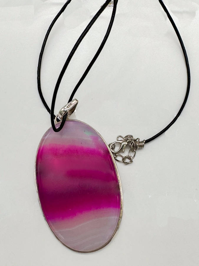 LARGE NATURAL EARTH-MINED PINK AGATE PENDANT IN STERLING SILVER ON THONG