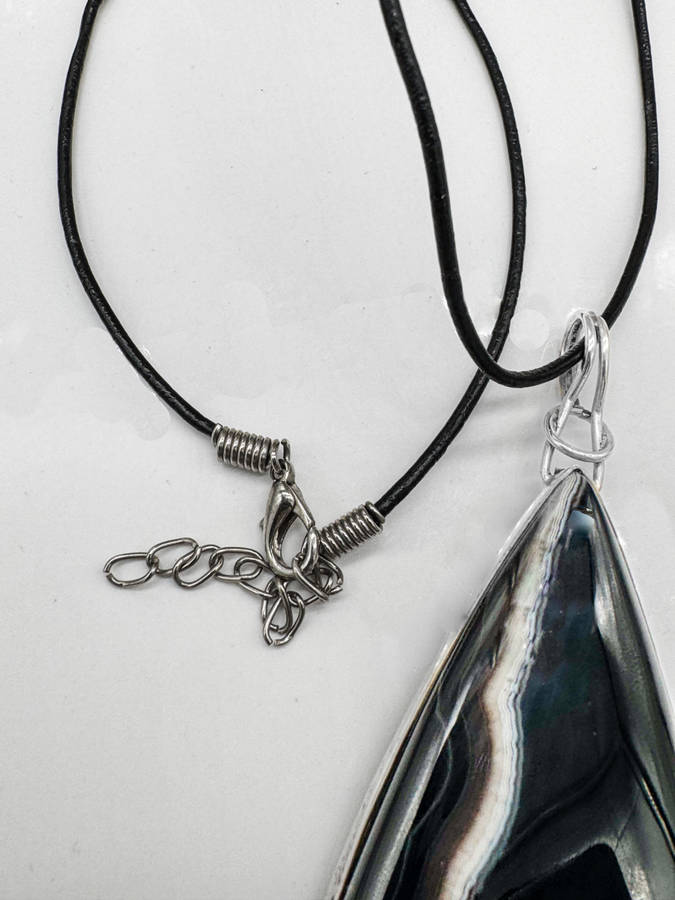 LARGE NATURAL EARTH-MINED BLACK AGATE PENDANT IN STERLING SILVER ON THONG