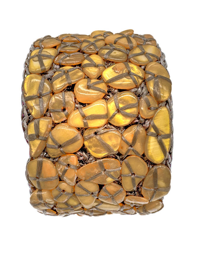 NATURAL MOTHER OF PEARL - GOLDEN ORANGE - HANDCRAFTED BANGLE ON HEAVY BRAID BASE