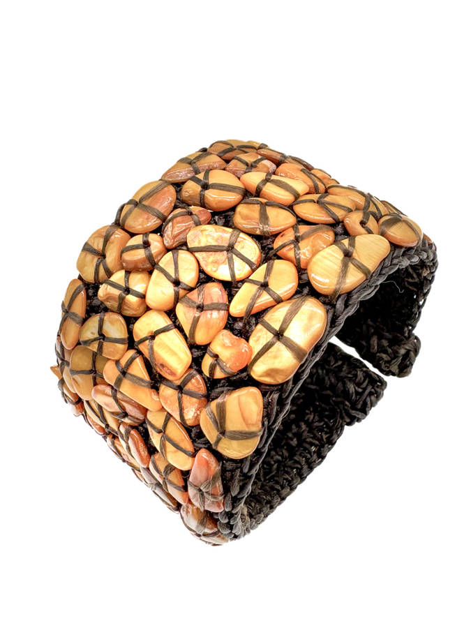 NATURAL MOTHER OF PEARL - GOLDEN ORANGE - HANDCRAFTED BANGLE ON HEAVY BRAID BASE