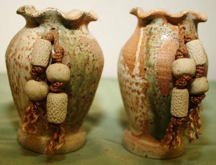 POTTERY JARS with CLAY BEADS, 2 off