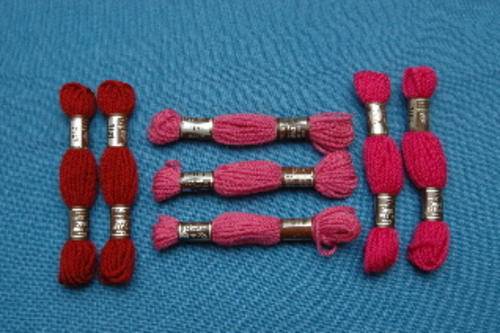 DMC tapestry wool 7 skeins asstd (rusty red, bright pink, medium pink)