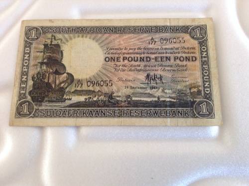 MH. DE KOCK FIRST ISSUE 1947 ONE POUND BANKNOTE. ENG/AFR. VAN RIEBEECK WATERMARK.