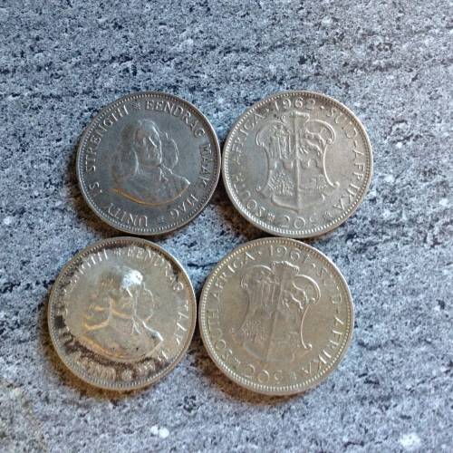1961,62,63, 1964 RSA  Silver 20 cent coins.