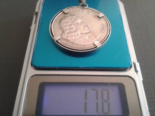 RARE SILVER 1966 RSA ENG. RAND 1 COIN WITH SILVER PENDANT ATTACHMENTS.FINE SILVER 14.5 GRAMS.