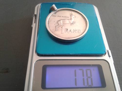RARE SILVER 1966 RSA ENG. RAND 1 COIN WITH SILVER PENDANT ATTACHMENTS.FINE SILVER 14.5 GRAMS.