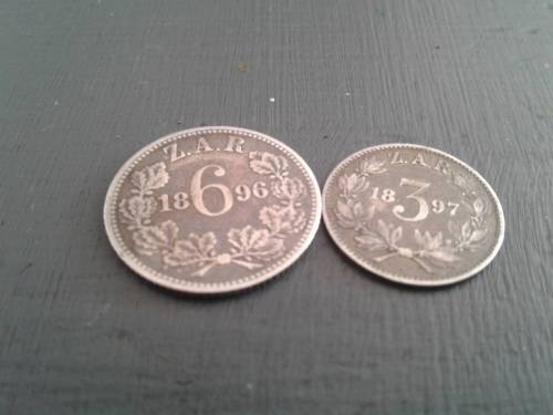 SILVER 1896 ZAR SIXPENCE AND A 1897 ZAR TICKEY.