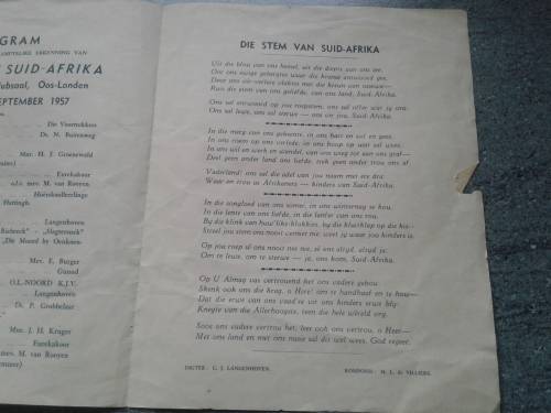 OFFICIAL INAUGURATION FESTIVAL programme of `DIE STEM VAN SUID-AFRIKA. 21 SEPTEMBER 1957 VOLKSLIED.