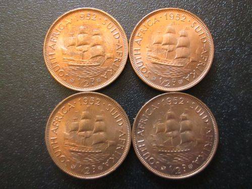 4 x 1952 Union of SA Uncirculated Half Penny (1/2D) coins, get all 4 for one bid!