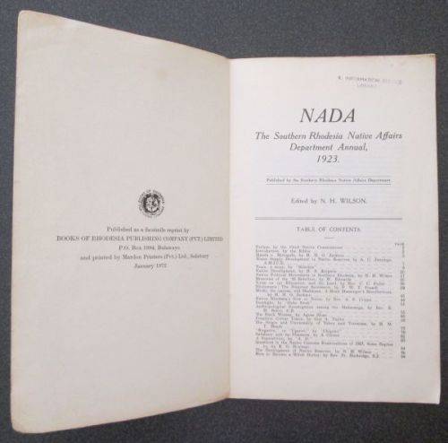 NADA The Southern Rhodesia Native Affairs Department Annual, No.1  1923