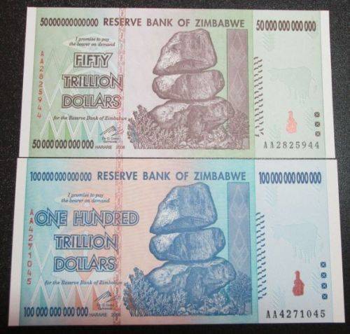 Reserve Bank of Zimbabwe set of 10 20 50 100 Trillion Dollars notes, Uncirculated