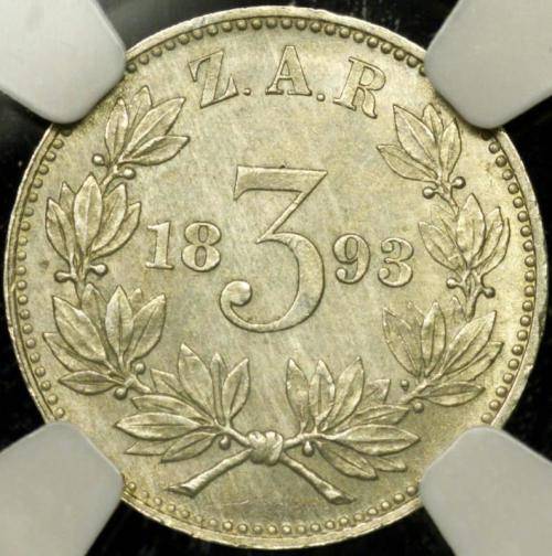 1893 ZAR Threepence (Tickey // 3d) NGC graded MS62