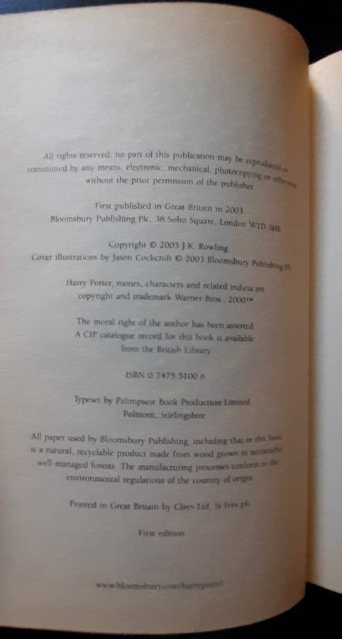 Harry Potter and The Order of The Phoenix, Bloomsbury 2003 First Edition, Hardcover