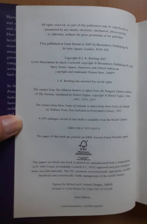 Harry Potter and the Deathly Hollows by J. K. Rowling,  First Edition