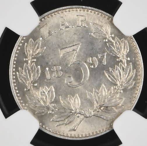 1897 ZAR Threepence (Tickey // 3d) NGC graded MS62