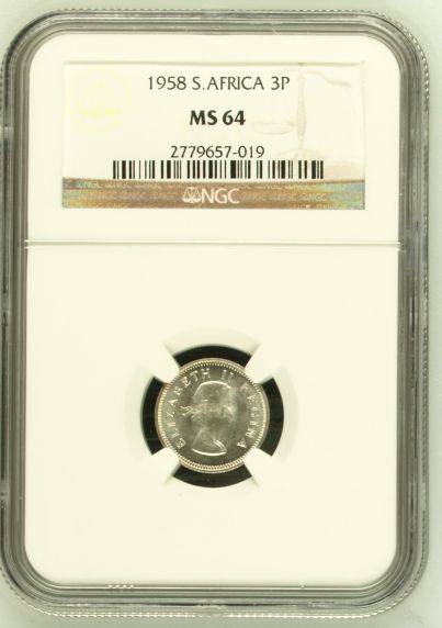 1958 Threepence NGC graded MS64!! Second finest at NGC!!