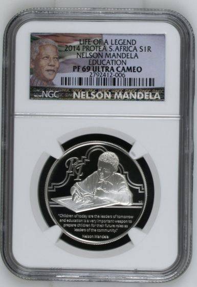 2014 Nelson Mandela Protea Silver R1 NGC graded PF69!! With Mandela color label!