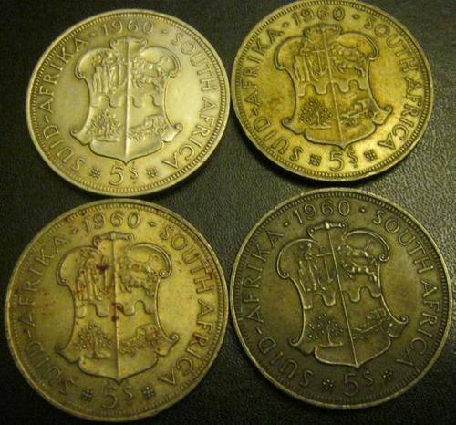 **R1 START** 4 South Africa 1960 Silver 5 Shilling coins.