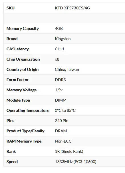 Kingston 4GB DDR3 Desktop 1333mhz RAM