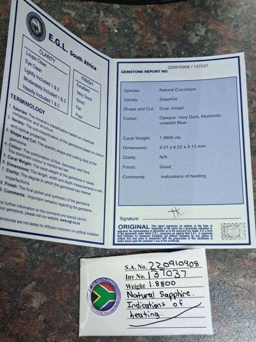 Natural sapphire 1.88ct good grading bargain starting at R1