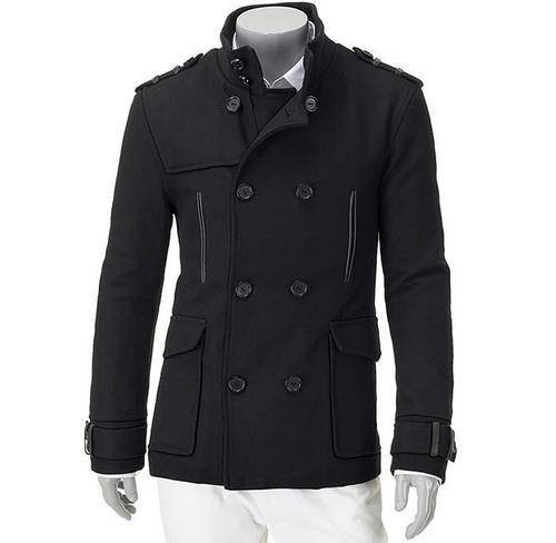 Stylish Double Breasted Stand Collar Wool Middle Length Coat Black