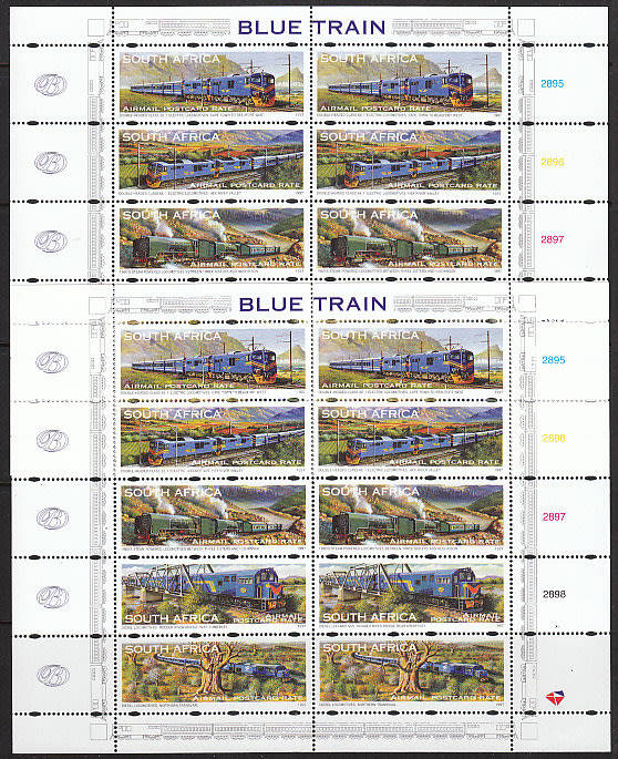 RSA 1997 BLUE TRAIN X 2 SHEETS AIRMAIL POSTCARD RATE MNH. FACE VALUE R184