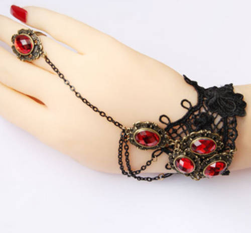 BLACK LACE RED STONE COSTUME VAMPIRE INSPIRED BRACELET HAND MADE