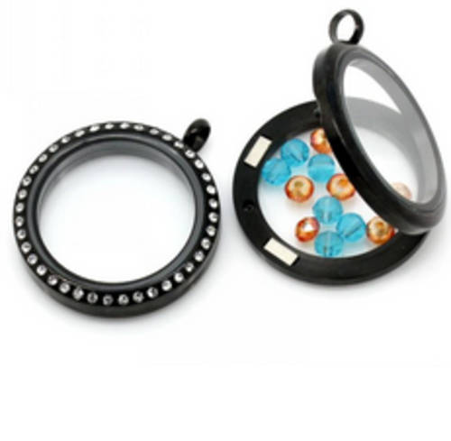 Black Colour Floating Charm Memory Locket with Multicolour Beads inside