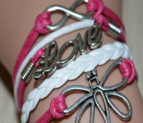 PINK AND WHITE INFINITY BRACELET DRAGONFLY
