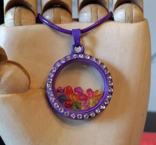 Purple Floating Charm Memory Locket with Multicolour Beads inside