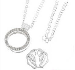 Sweater Necklace No Glass Floating Angel Wings Disc Locket with Rhinestones on Chain