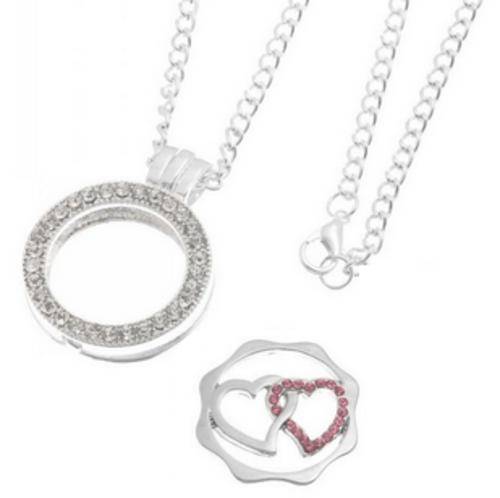 Sweater Necklace No Glass Floating Double Hearts Disc Locket with Rhinestones on Chain
