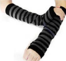 Pair of Long Sleeve Style Fingerless Gloves Black and Grey Stripe