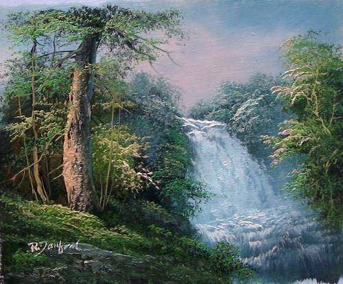 Landscape with waterfall by R Dunford. Oil painting on canvas.