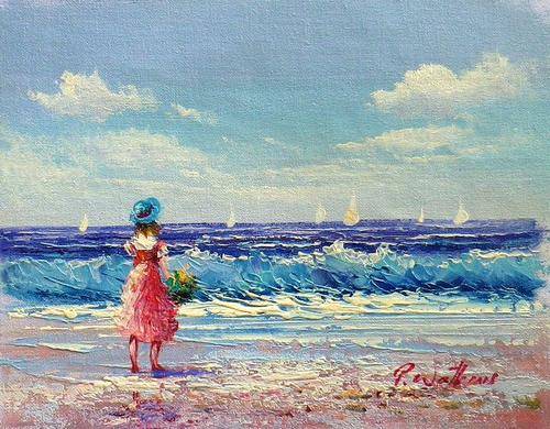 Girl on the beach by P Watkins. Oil on canvas.