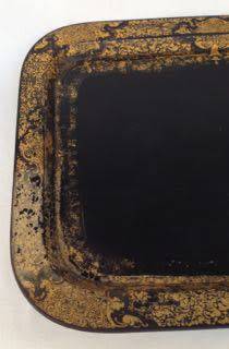VICTORIAN GILT & BLACK PAPIER MACHE TRAY STAMPED B. WALTON & Co WARRANTED