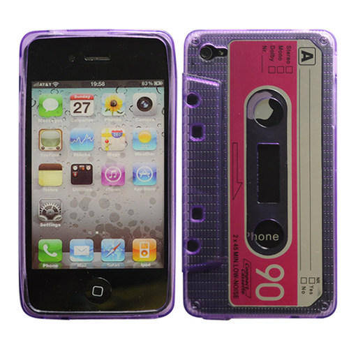 FREE SHIPPING!! CLEAR CASSETTE TAPE Purple TPU GEL COVER CASE For VERIZON ATT SPRINT IPHONE 4S