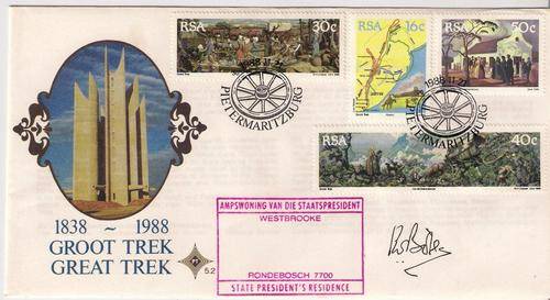 SIGNED GROOT TREK FDC 5.2 BY PAST PRESIDENT PW BOTHA & CACHET OF RESIDENCE AS PER SCAN. CLEAN ITEM