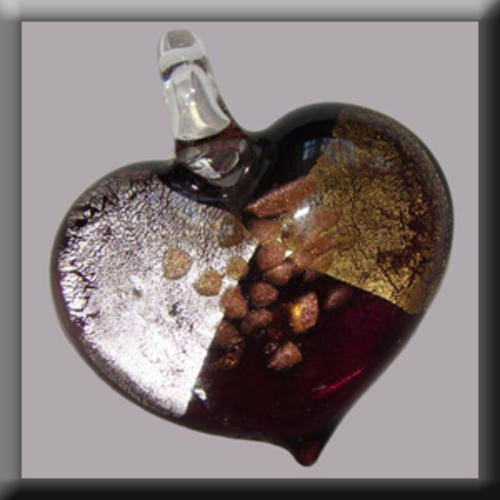 Lampglass Heart shaped Pendant Purple in colour with Silver, Gold and Bronze detail