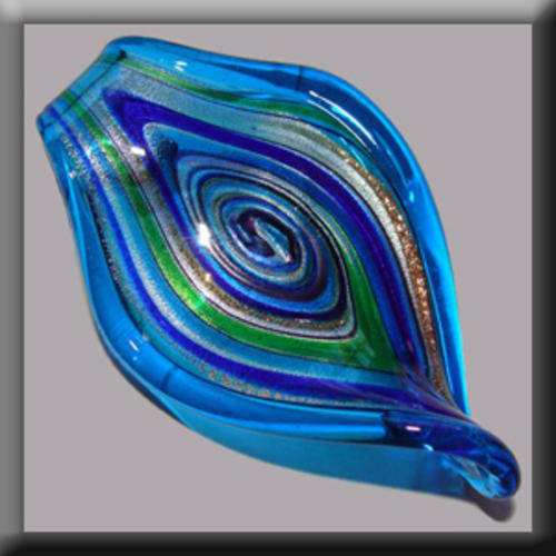 Lampglass Spiral Leaf shaped Pendant Blue in colour with Green, Silver, Gold & Purple detail