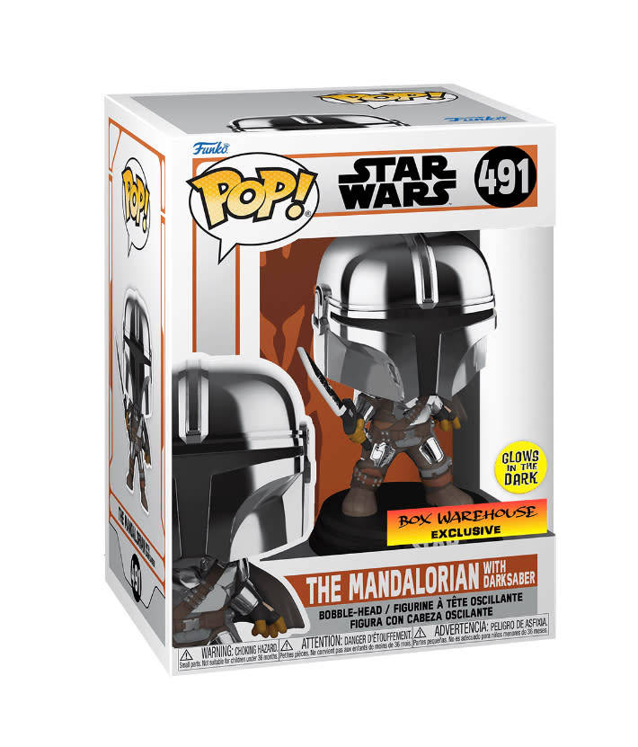 THE MANDALORIAN WITH DARK SABER!!STAR WARS!! FUNKO POP!! BOX WAREHOUSE EXCLUSIVE!! GITD