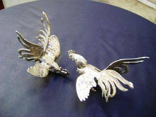 FIGHTING COCKS SILVER PLATE ON COPPER PAIR