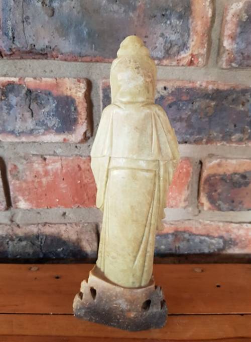 RARE ANTIQUE SOAPSTONE WISE MAN WITH BABY CARVING 260 MM HIGH